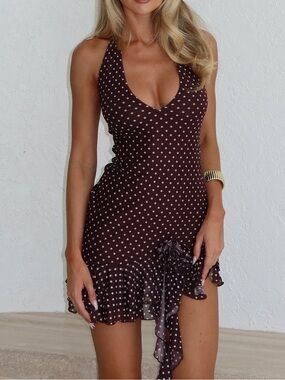 White Fox Boutique Brown Polka Dot Ruffle Halter Mini Dress